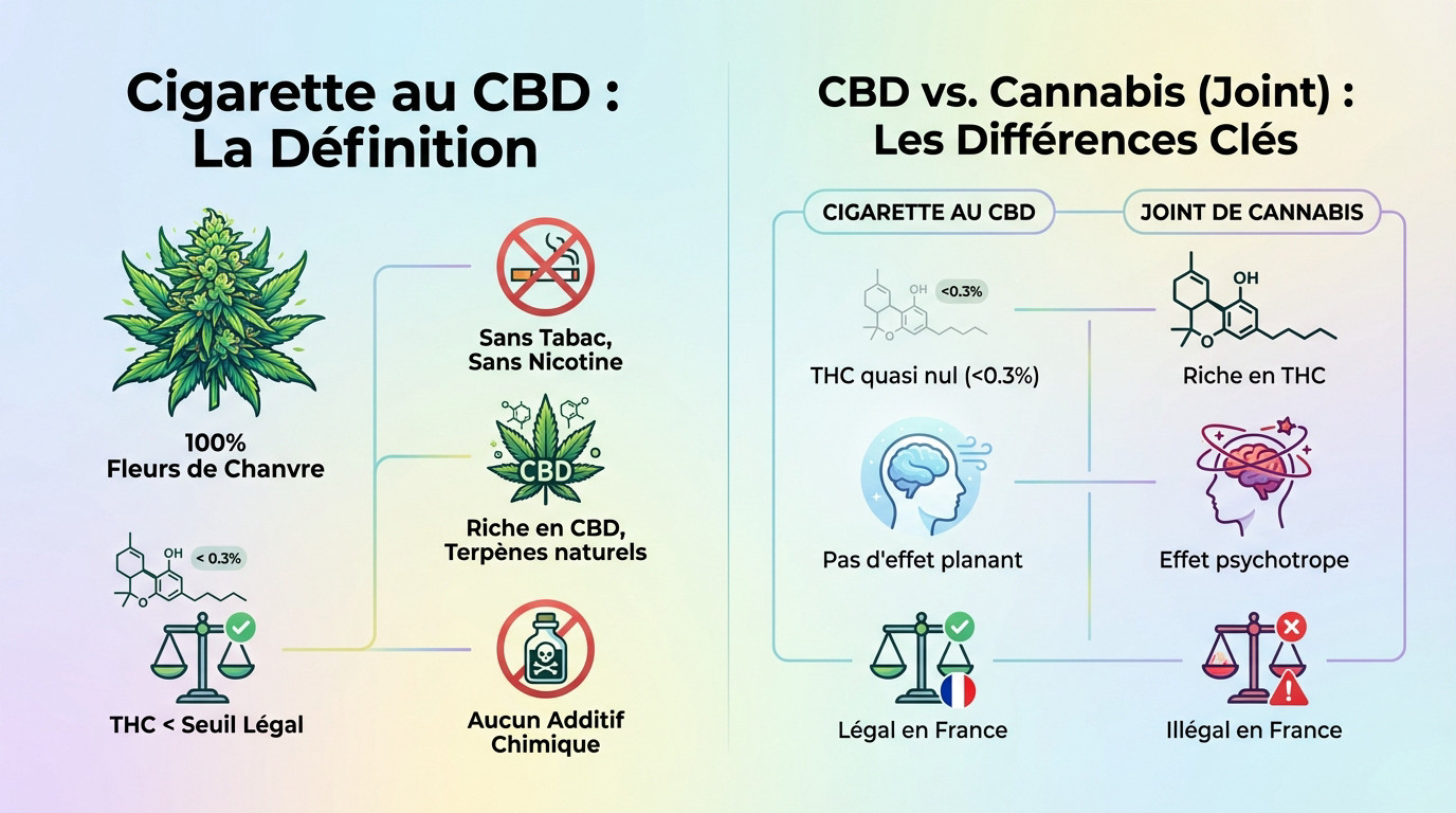 Schéma comparatif entre une cigarette CBD et un joint de cannabis