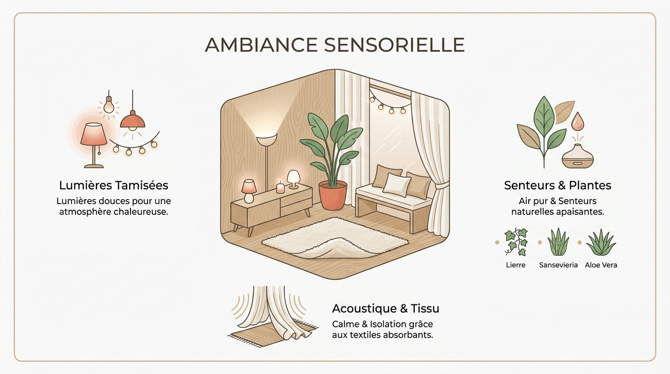 Chambre cocooning avec éclairage tamisé et textiles doux pour une ambiance sensorielle