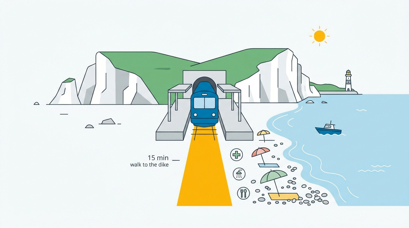 Vue panoramique des falaises de Fécamp et de la plage de galets accessible en train