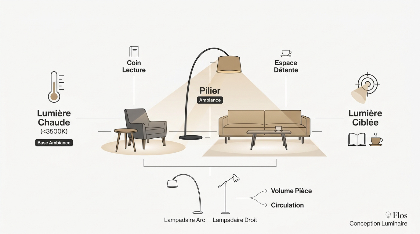 Infographie conseils éclairage salon ambiance chaleureuse et fonctionnelle