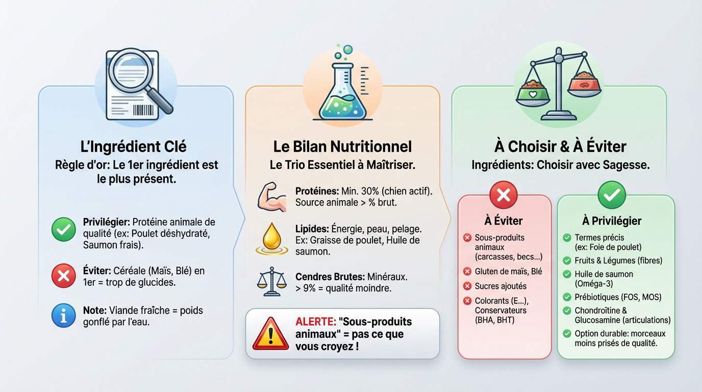 Guide visuel pour comprendre les étiquettes de croquettes pour chien et identifier les ingrédients clés en 2026