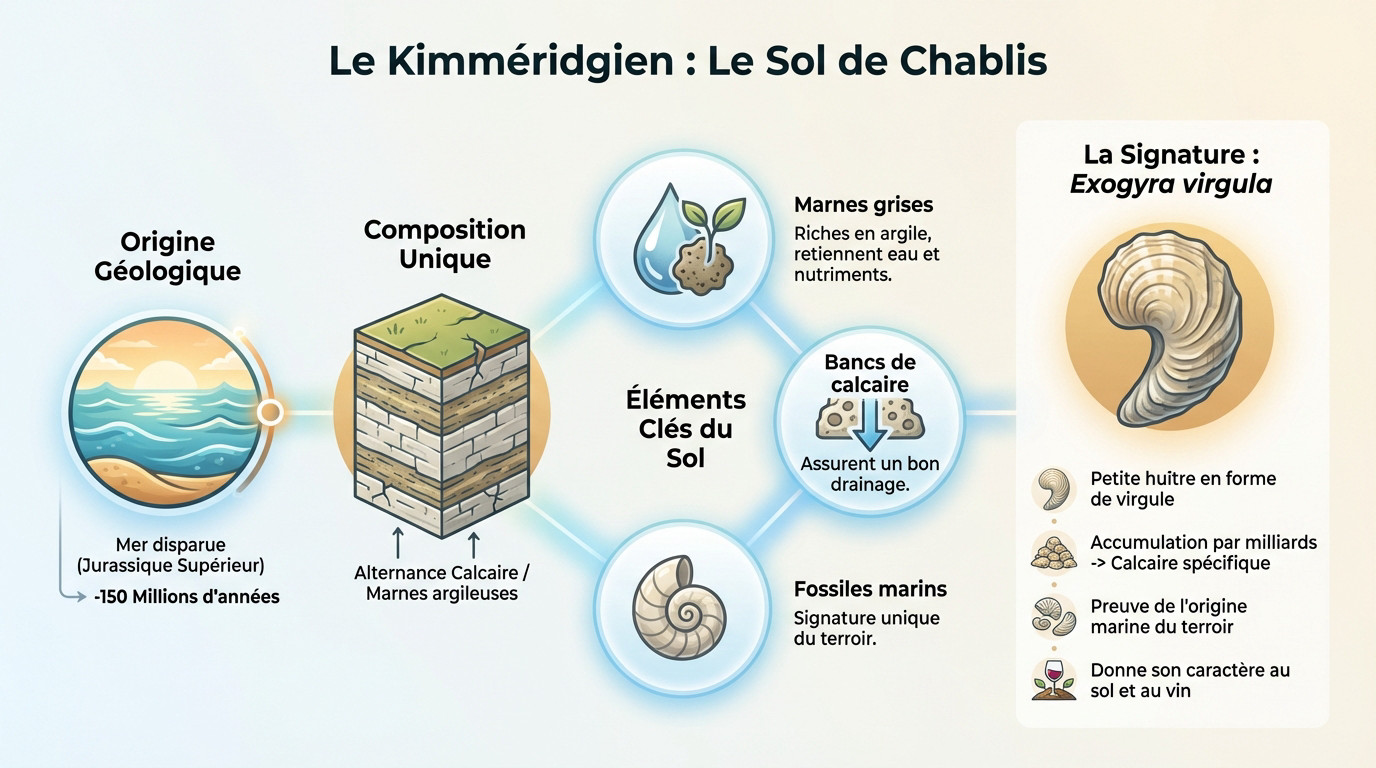 Coupe géologique du sol kimméridgien de Chablis montrant les couches de calcaire et de marnes