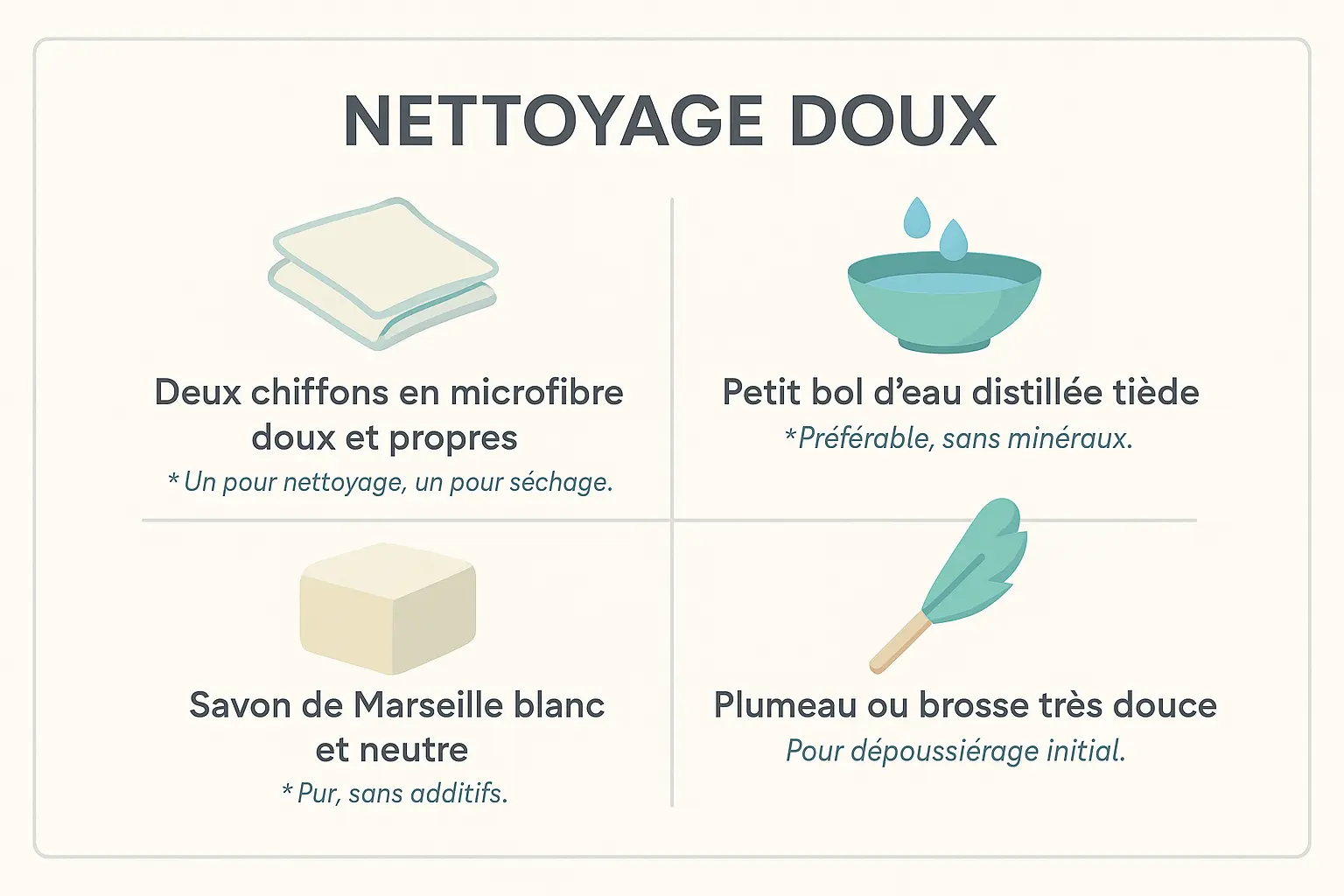 Matériel pour nettoyer des touches de piano en ivoire : chiffons microfibre, savon de Marseille, eau distillée et brosse douce