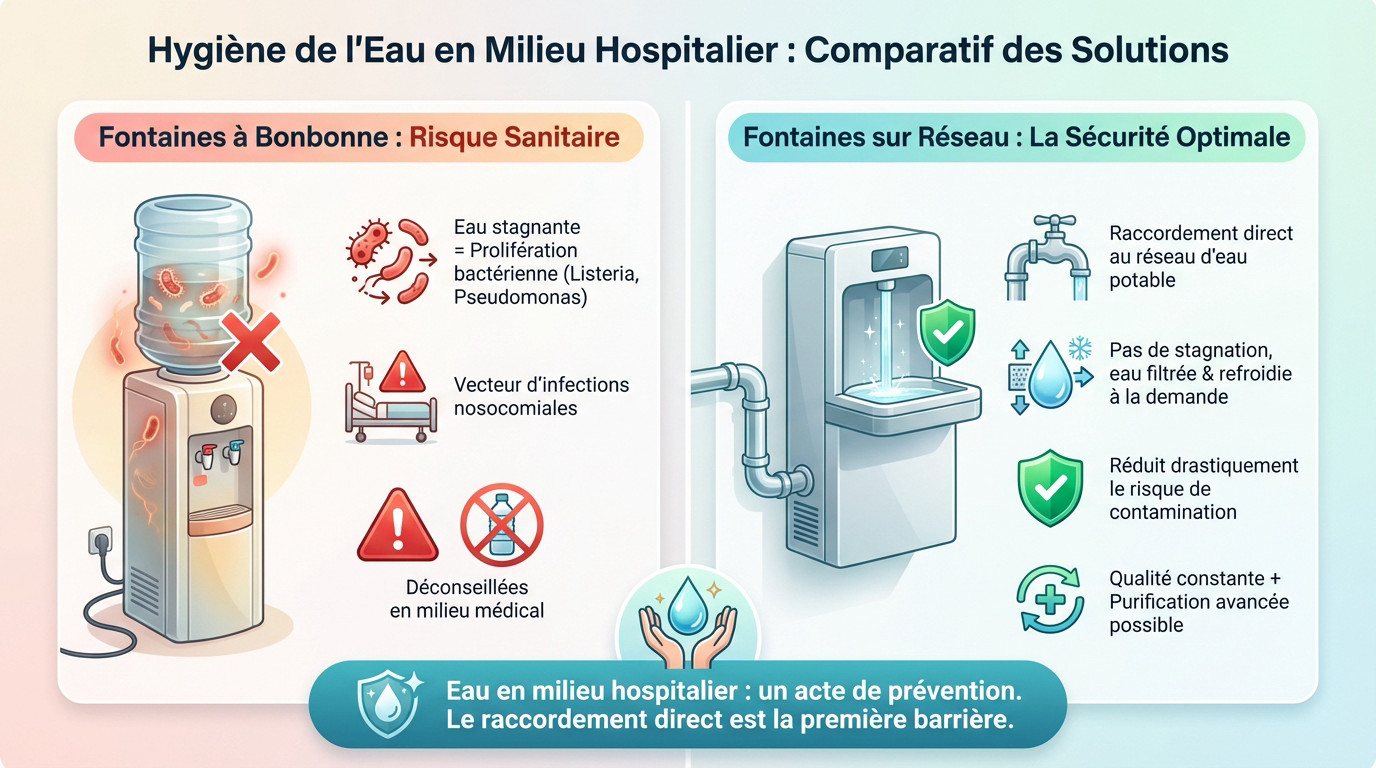 Comparatif hygi&egrave;ne eau h&ocirc;pital fontaine r&eacute;seau vs bonbonne