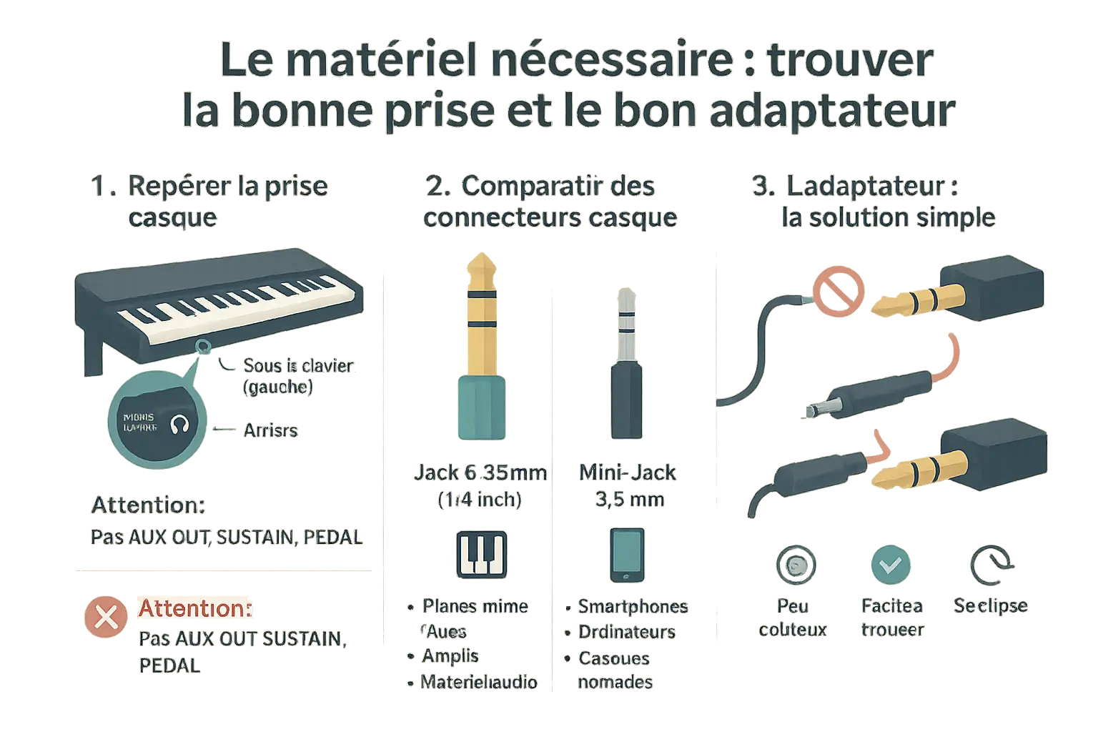 Schéma d'un piano numérique avec emplacement de la prise casque