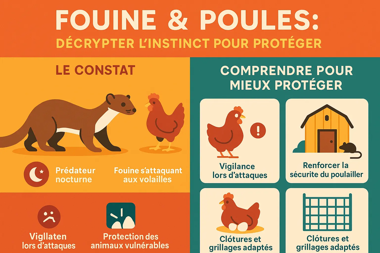 Une fouine s'approchant d'un poulailler la nuit, illustrant la menace pour les poules.