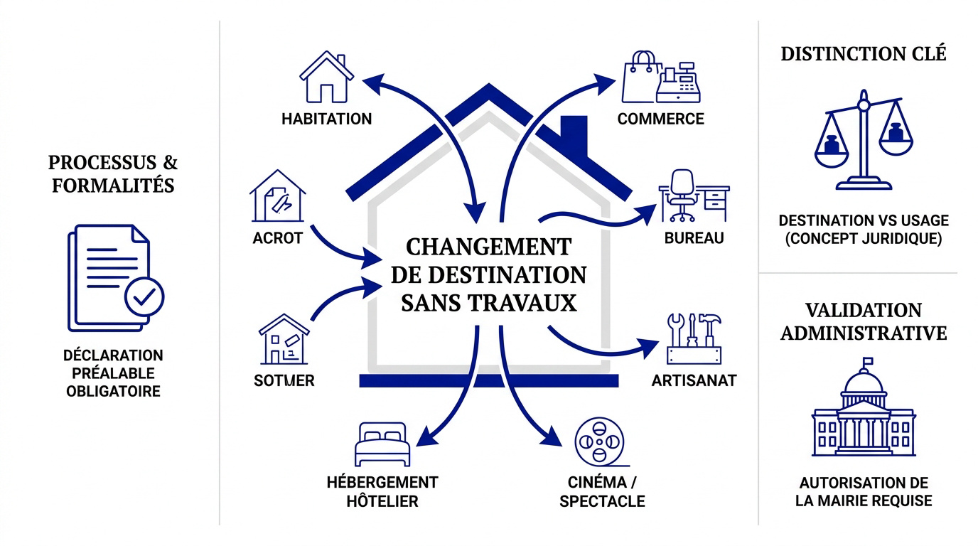 Schéma explicatif du processus administratif pour un changement de destination sans travaux