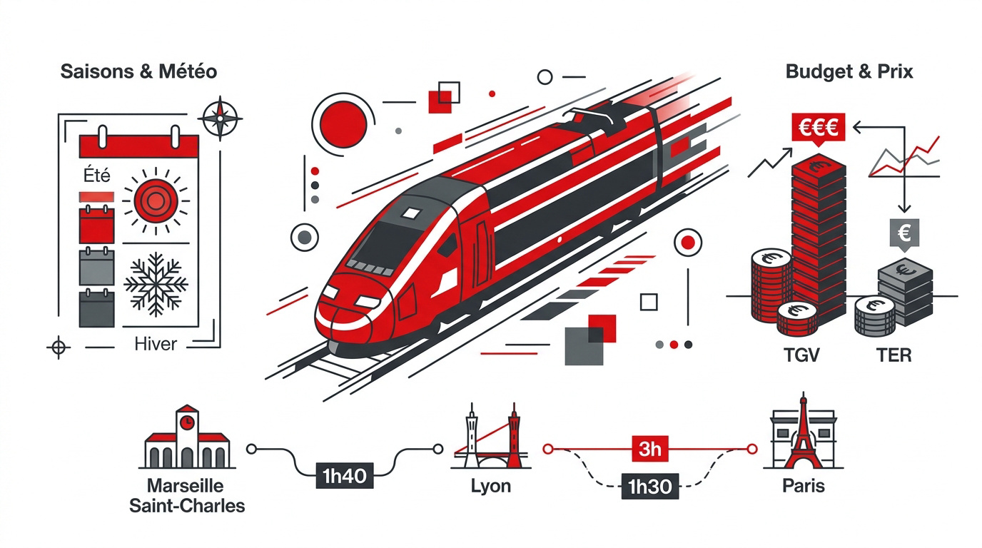 Infographie des temps de trajet et prix des trains au départ de Marseille vers Paris, Lyon et Montpellier