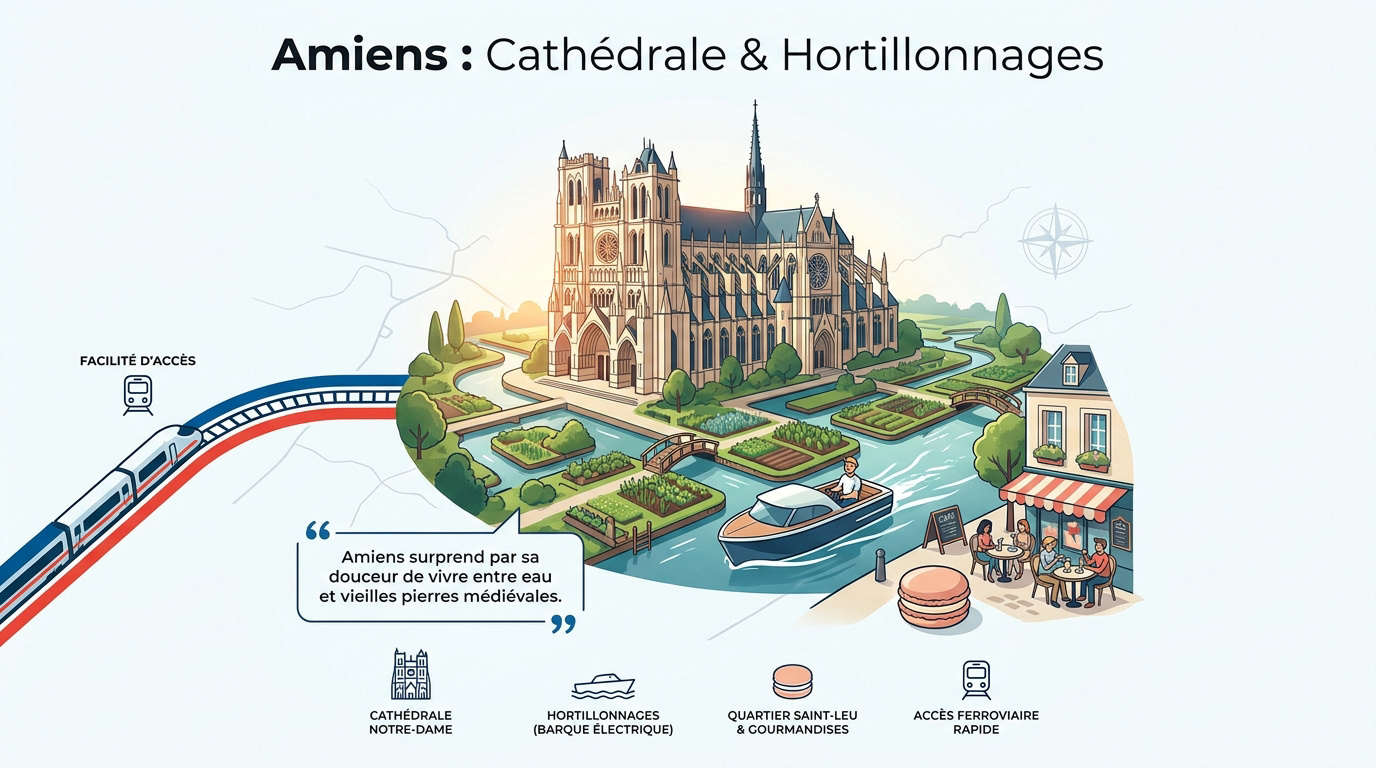 Vue de la cathédrale Notre-Dame d'Amiens dominant les canaux du quartier Saint-Leu