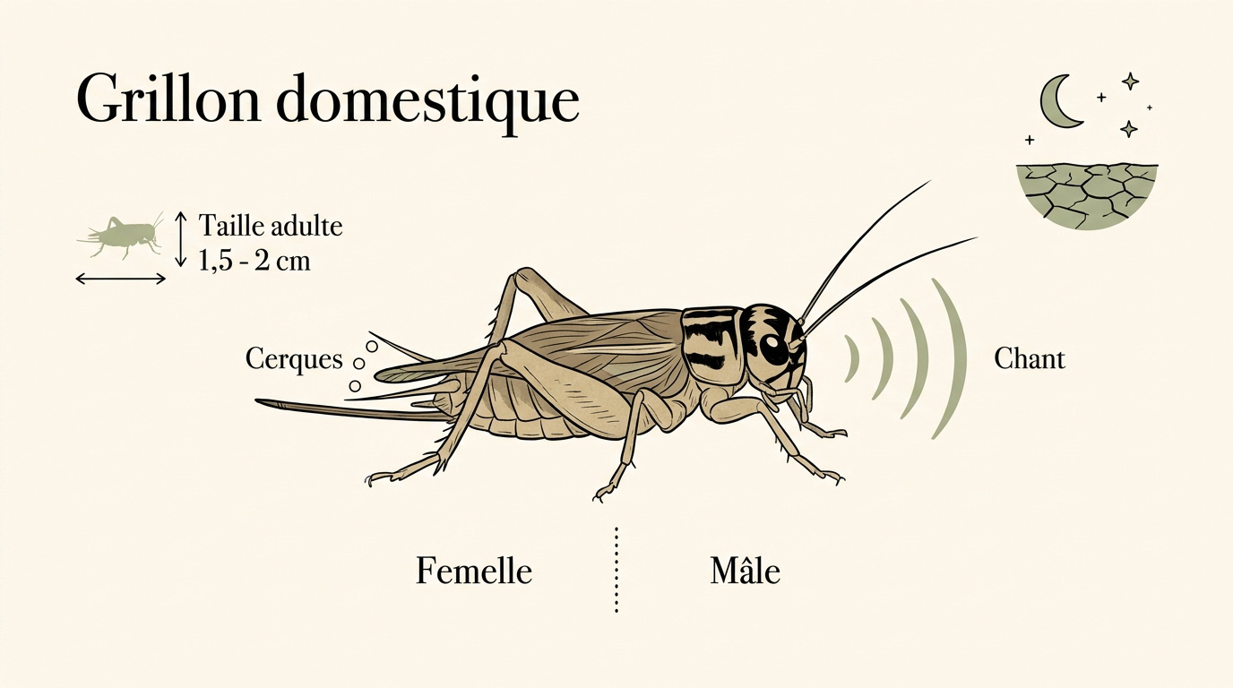Illustration détaillée de la morphologie d'un grillon domestique adulte montrant ses antennes et ses ailes