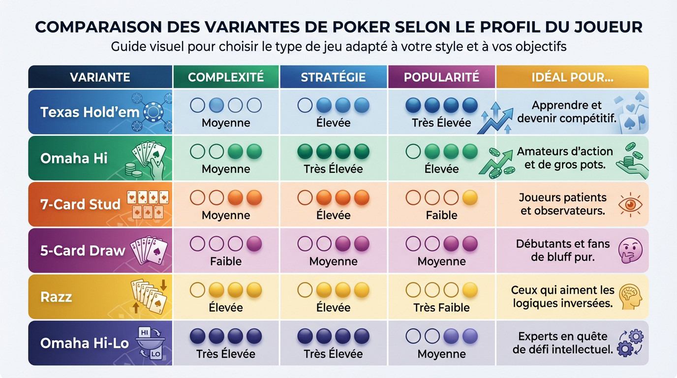 Tableau comparatif illustré des différentes variantes de poker selon le profil du joueur