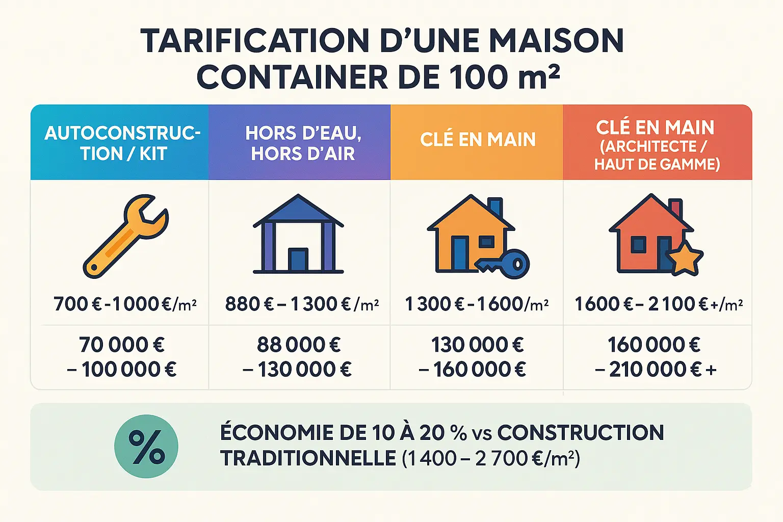 Maison container de 100 m² prix dans un tableau comparatif 