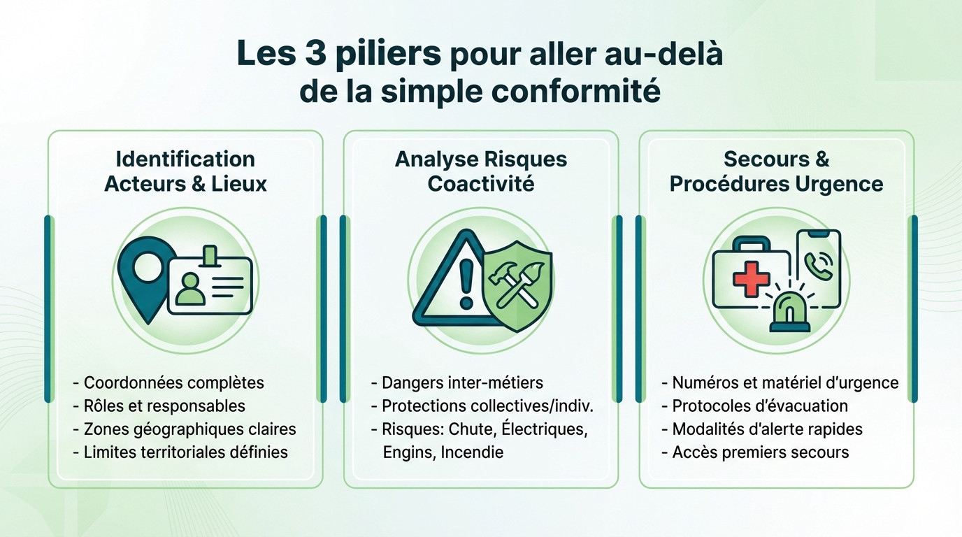 Schéma illustrant les trois piliers d'un plan de prévention efficace : acteurs, risques et secours