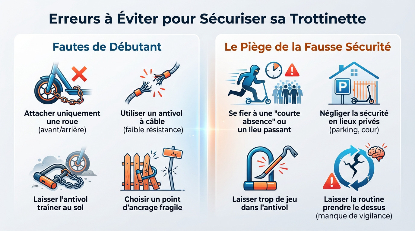 Illustration des erreurs courantes à éviter pour bien attacher une trottinette électrique