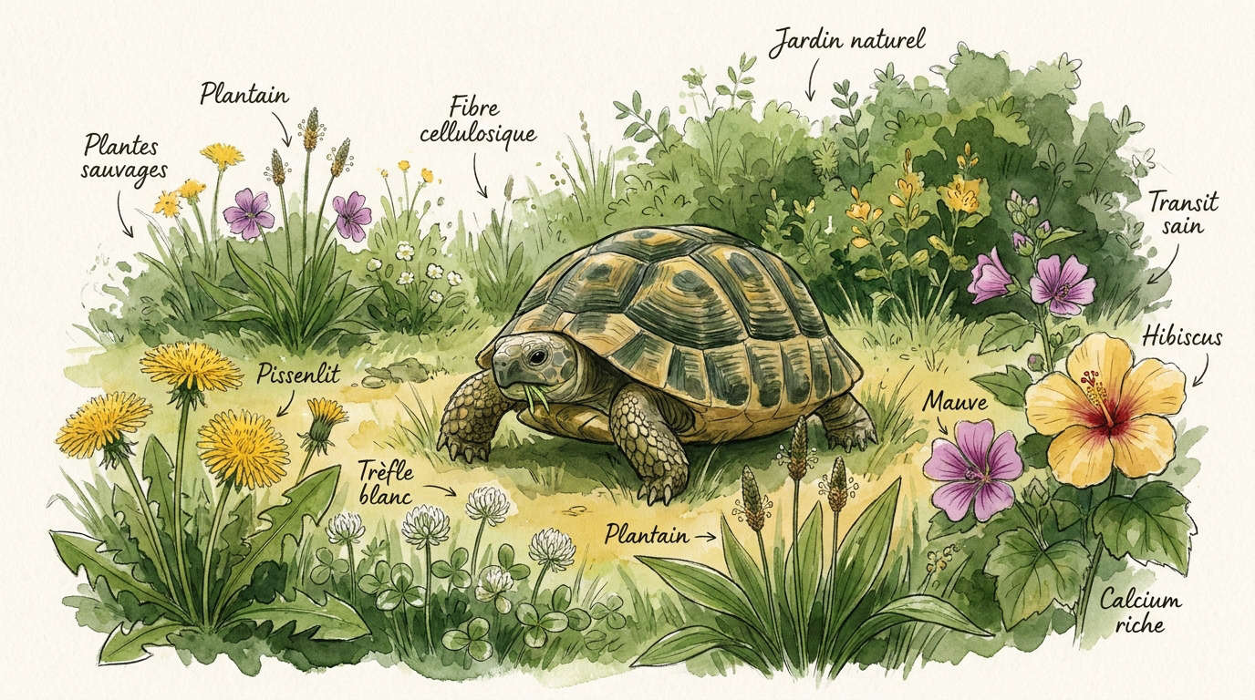 Tortue de terre consommant des plantes sauvages dans un jardin naturel