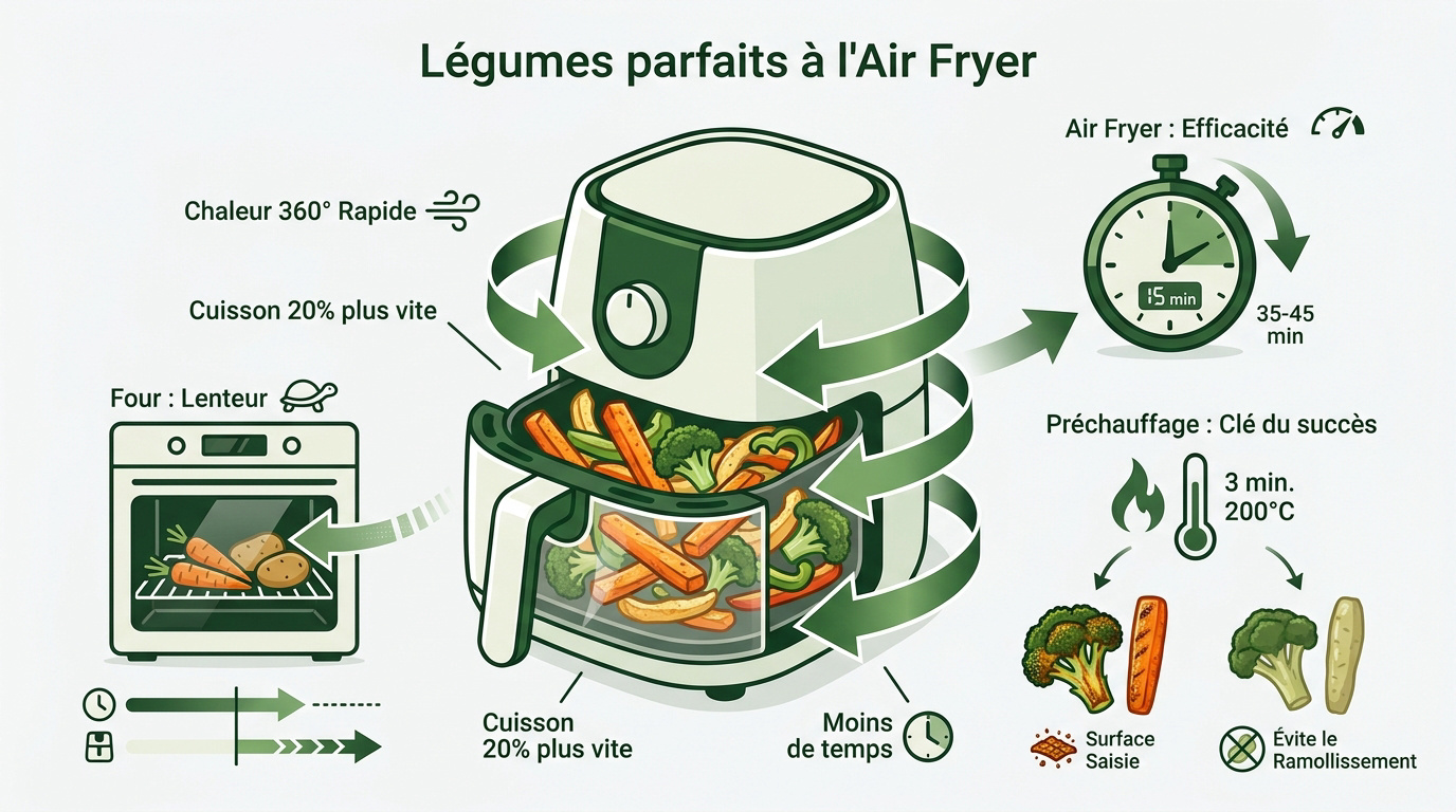 Infographie des temps de cuisson et astuces pour légumes parfaits au air fryer