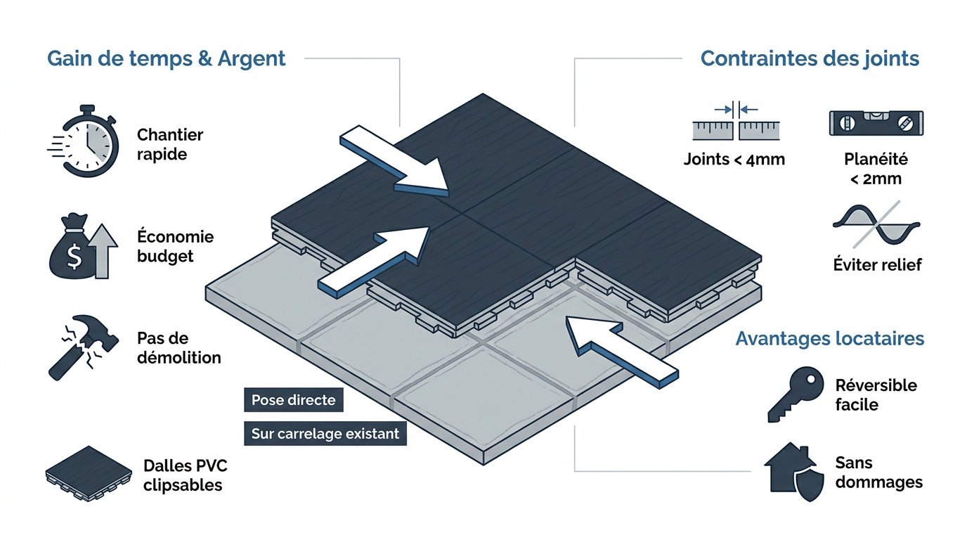 Infographie expliquant les étapes de pose de dalles PVC clipsables sur un ancien carrelage