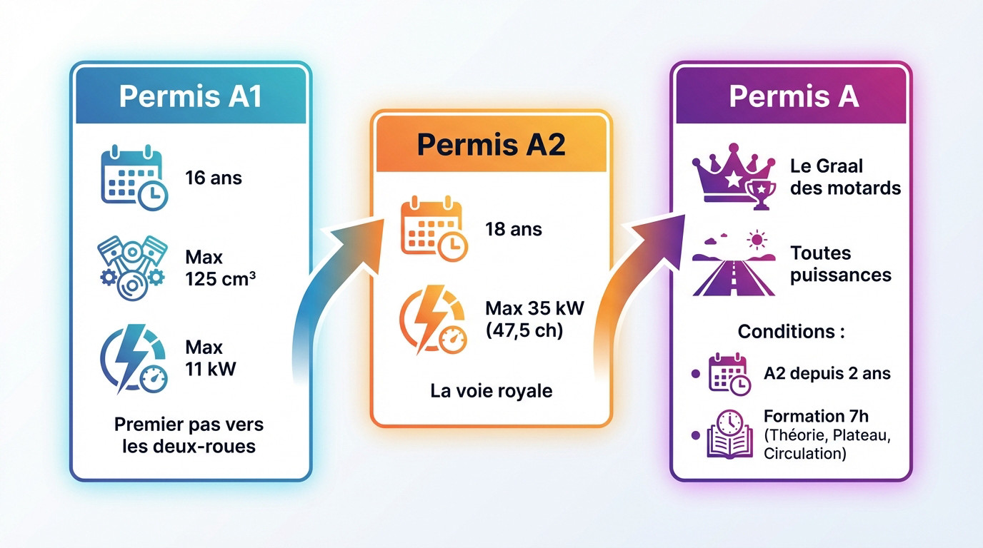 Schéma de progression des permis moto en France du A1 vers le A2 puis le A