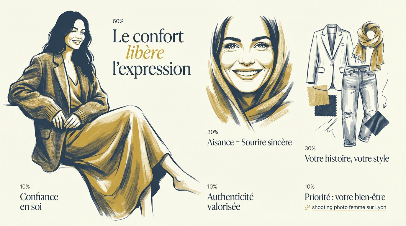 Femme souriante et détendue portant une tenue confortable lors d'une séance photo en extérieur