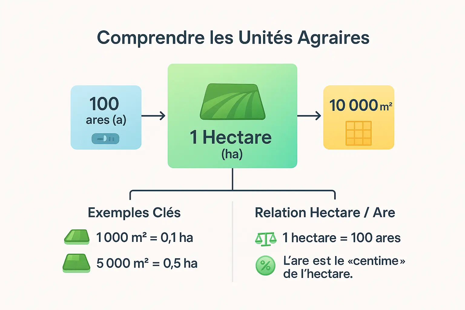 Illustration des unités agraires (hectare, are, mètre carré)