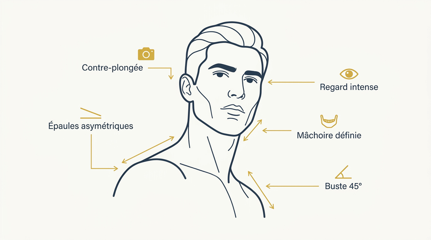 Guide visuel des poses photo pour portrait d'homme mettant en avant la carrure et la mâchoire