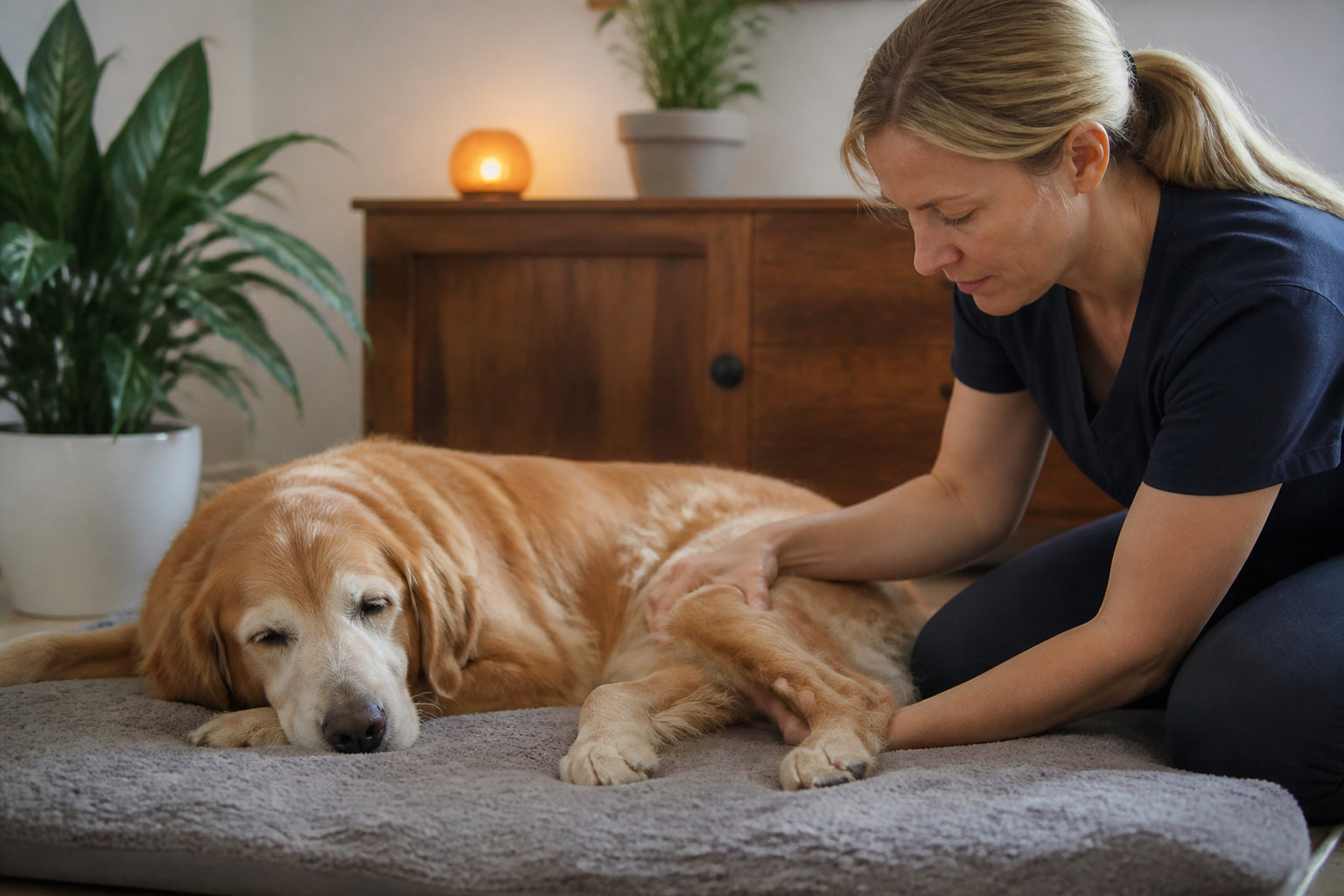 Golden retriever recevant une séance de massage adaptée à son confort