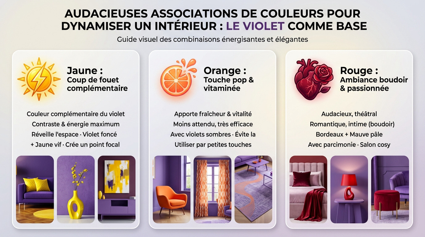 Salon audacieux avec un canapé violet rehaussé de touches jaunes et orange pour une ambiance dynamique