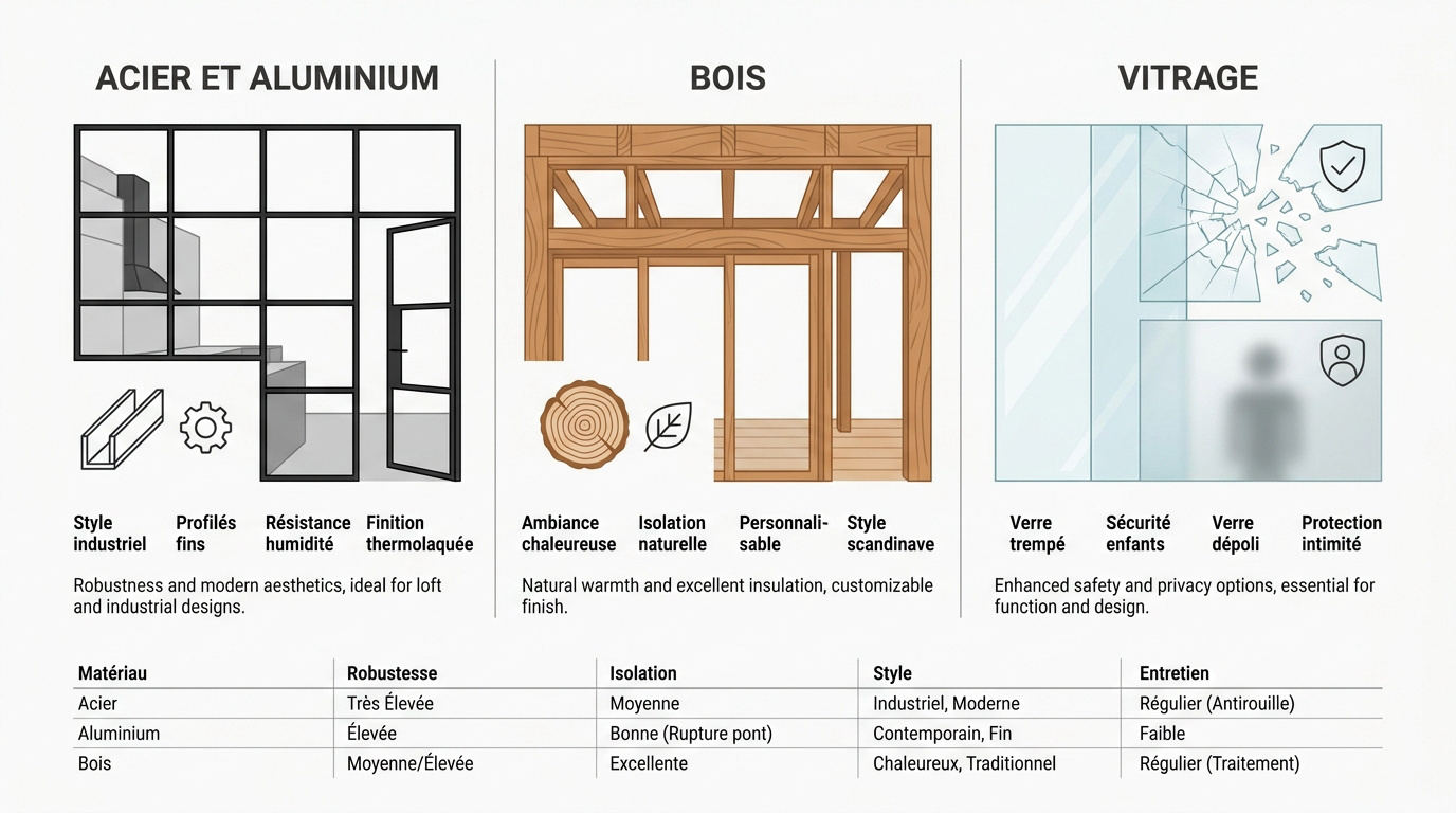 Comparaison de matériaux pour verrière intérieure en acier, aluminium et bois