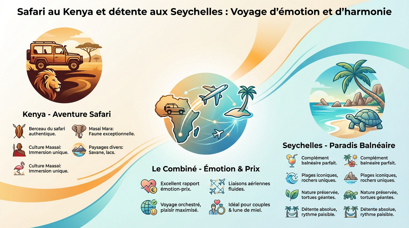 Couple admirant un coucher de soleil lors d'un safari au Kenya avant leur départ pour les Seychelles