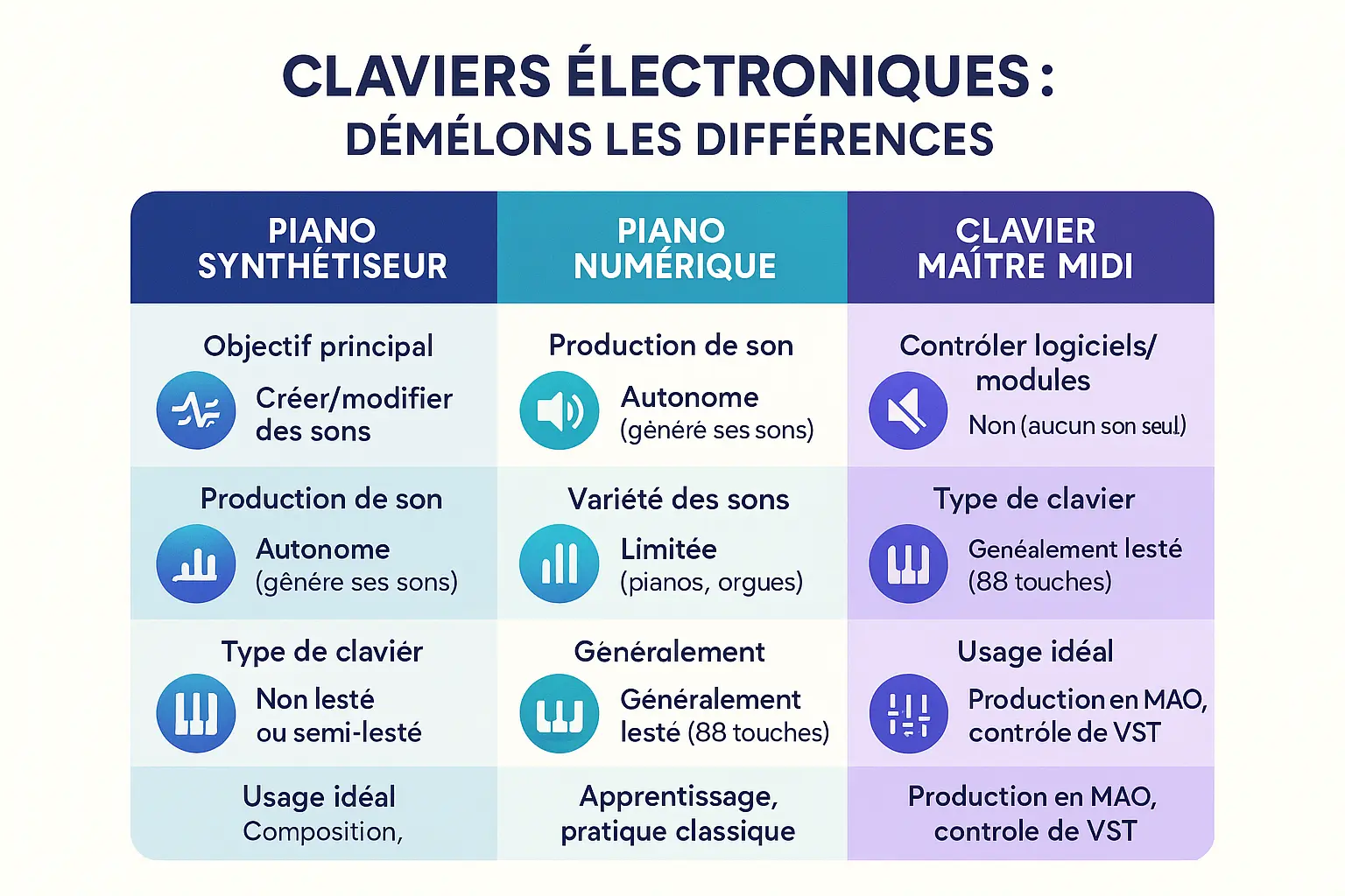 Comparaison des claviers électroniques : synthé, numérique, MIDI