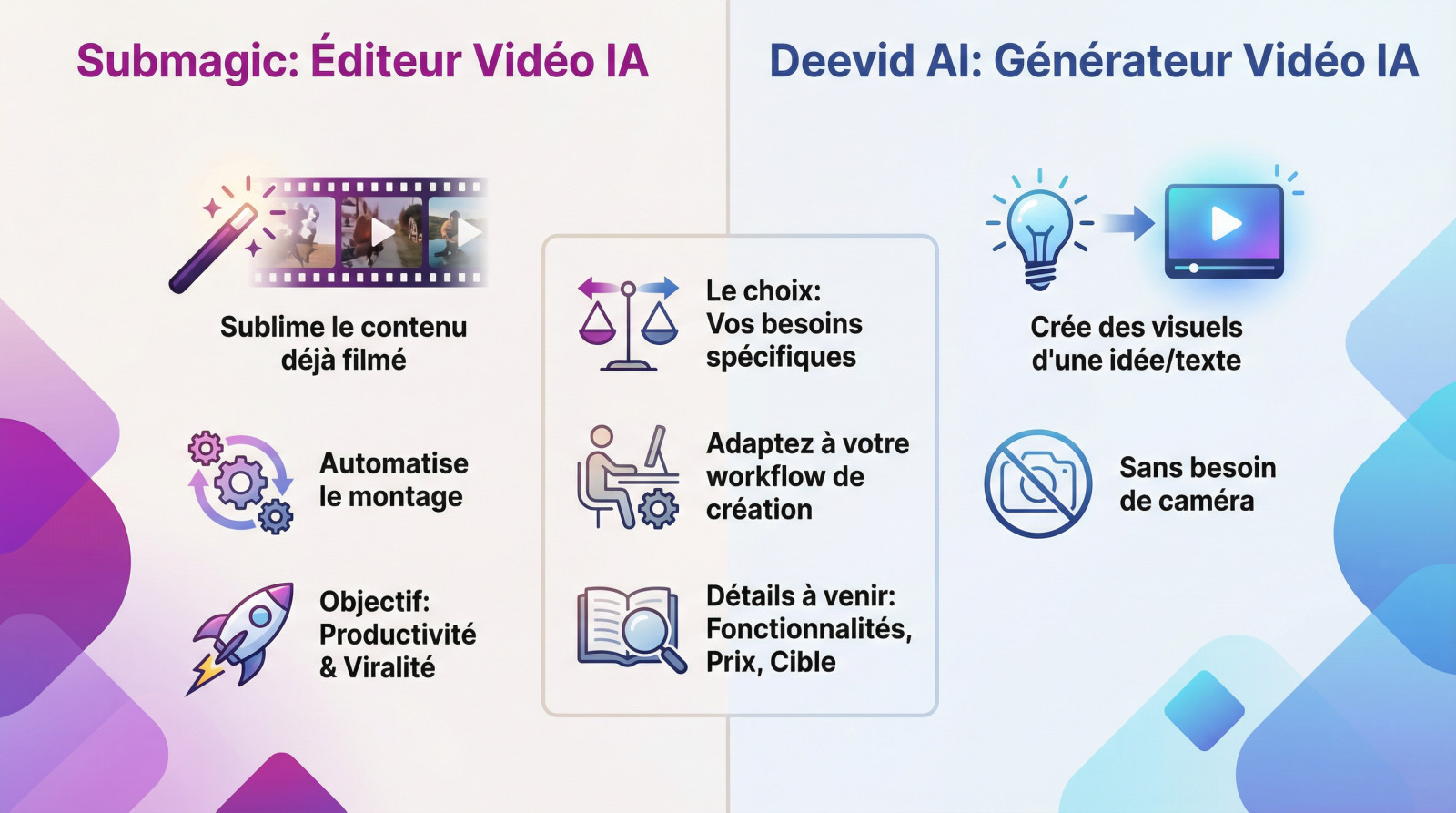 Comparatif visuel illustrant le choix entre l'édition automatisée de Submagic et la génération vidéo de Deevid AI