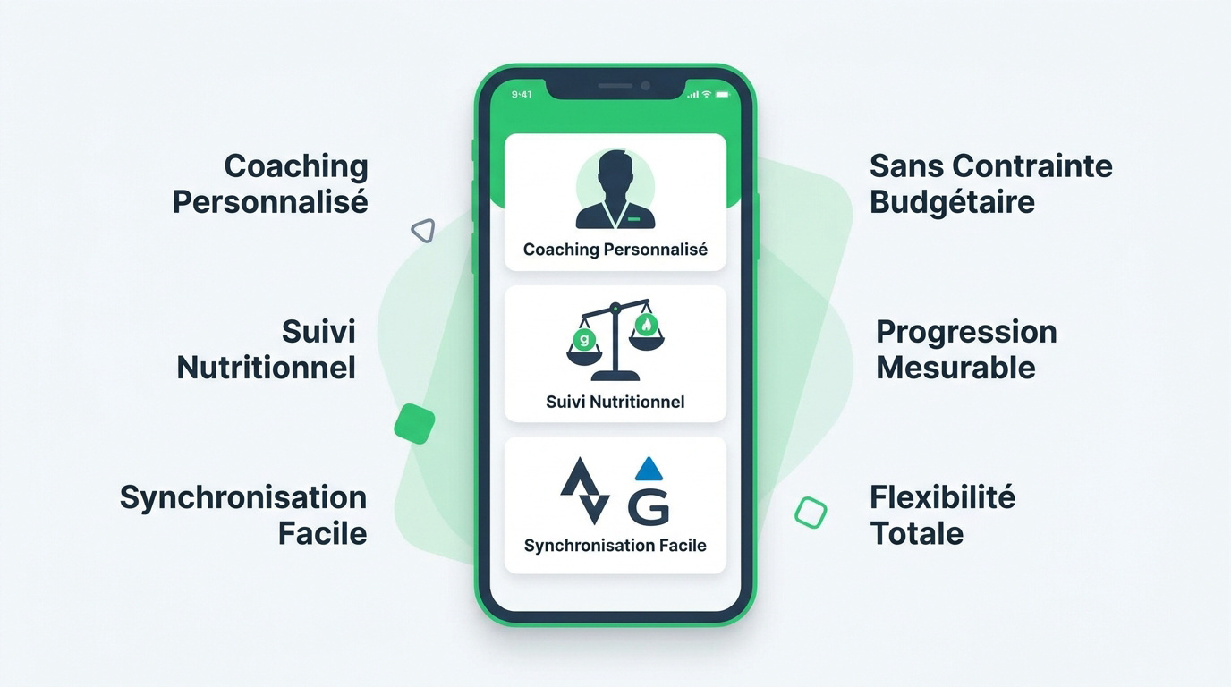 Interface d'une application de coaching sportif affichant des graphiques de progression et des exercices