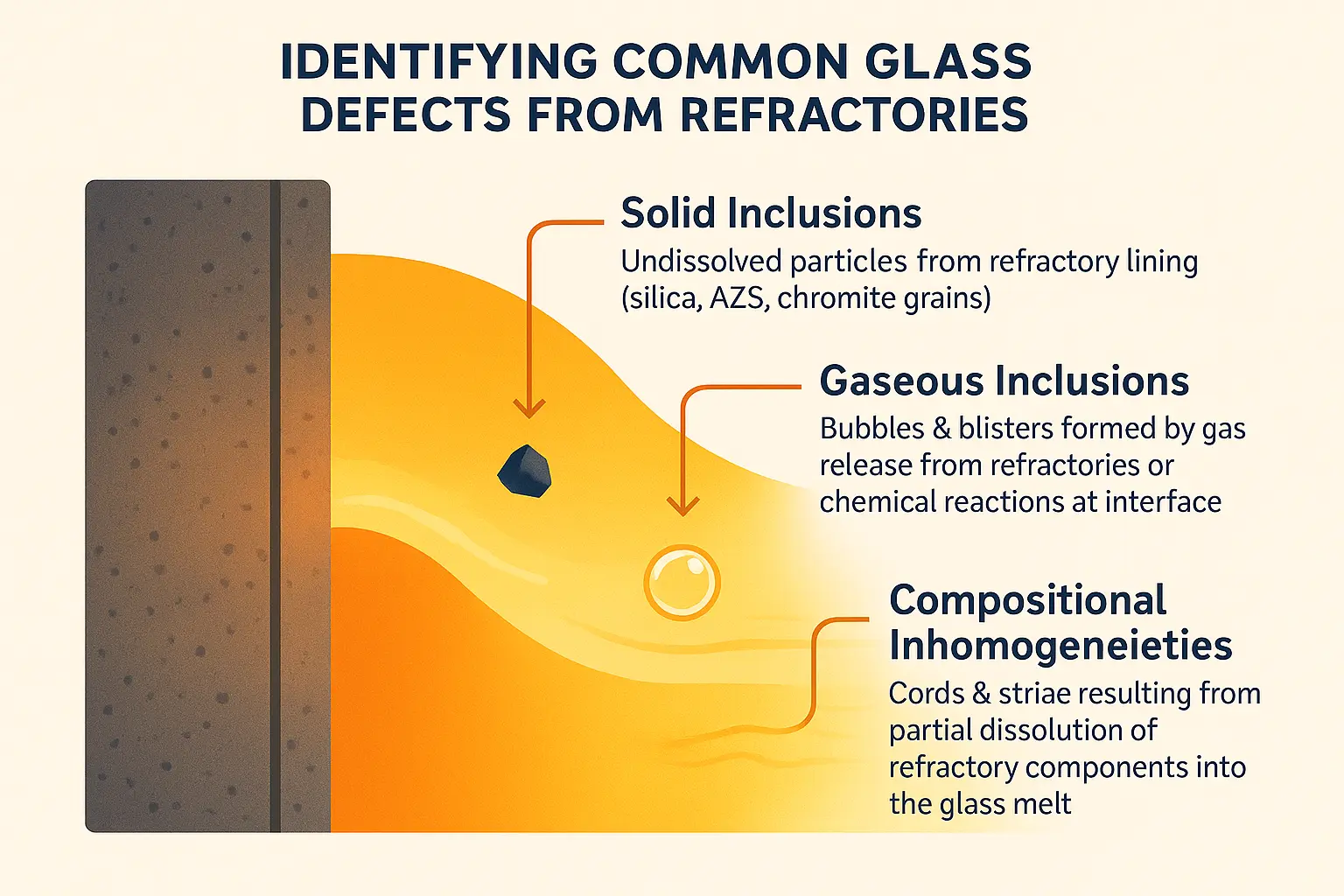 <strong>Glass defects caused by refractory interactions</strong>, including stones, bubbles, and striae