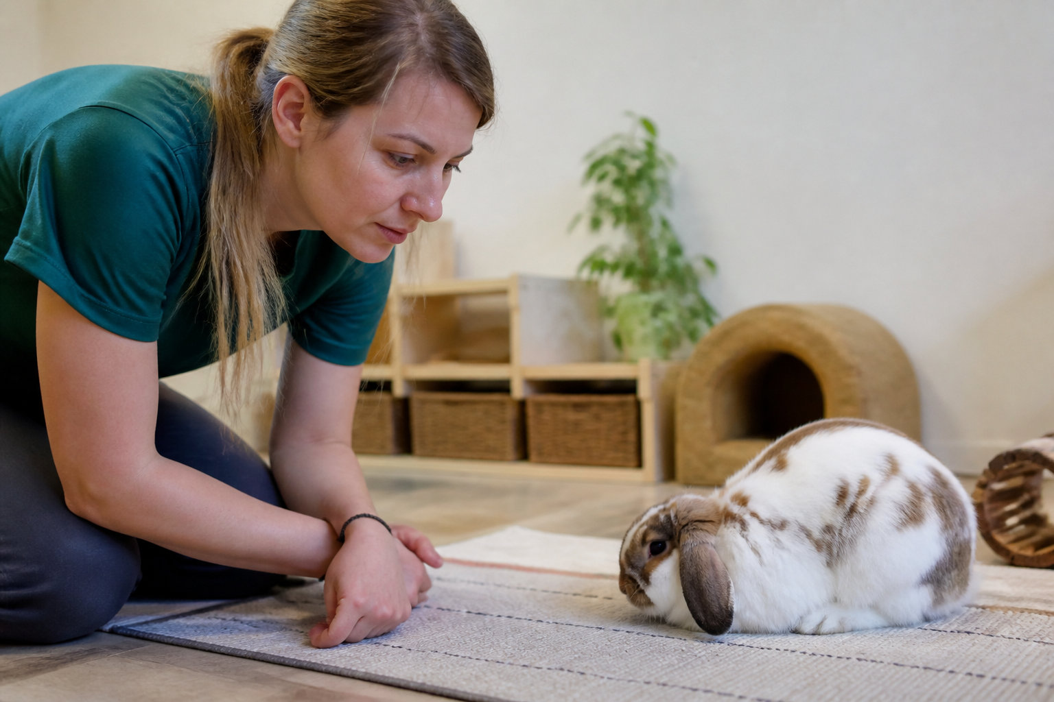 Praticienne observant un lapin avant la séance de massage