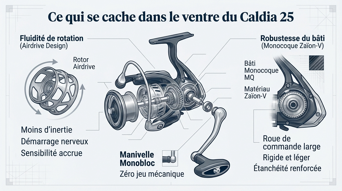 Mécanisme interne du moulinet Daiwa Caldia 25 avec technologie Airdrive Design