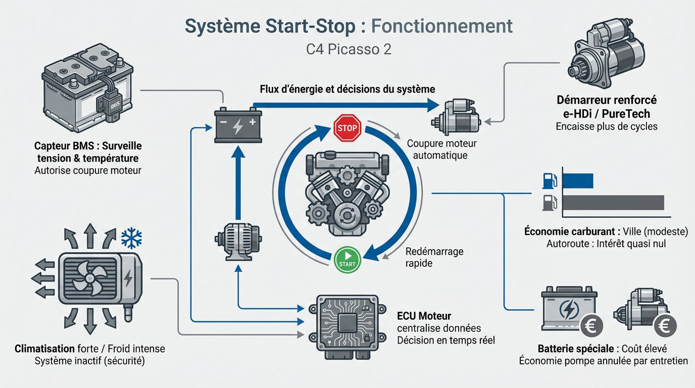 Schéma technique du système Start and Stop sur un Citroën C4 Picasso 2