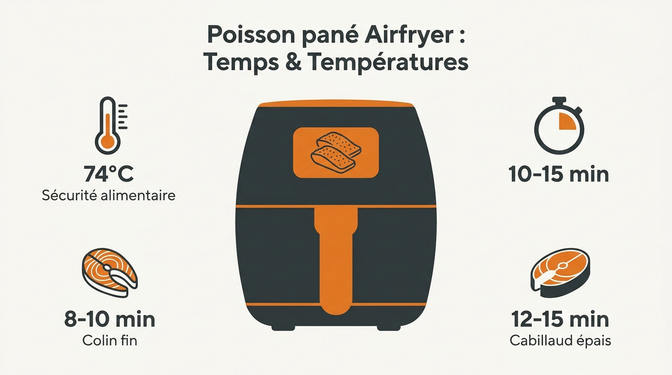 Tableau des temps de cuisson du poisson pané à l'airfryer selon l'épaisseur