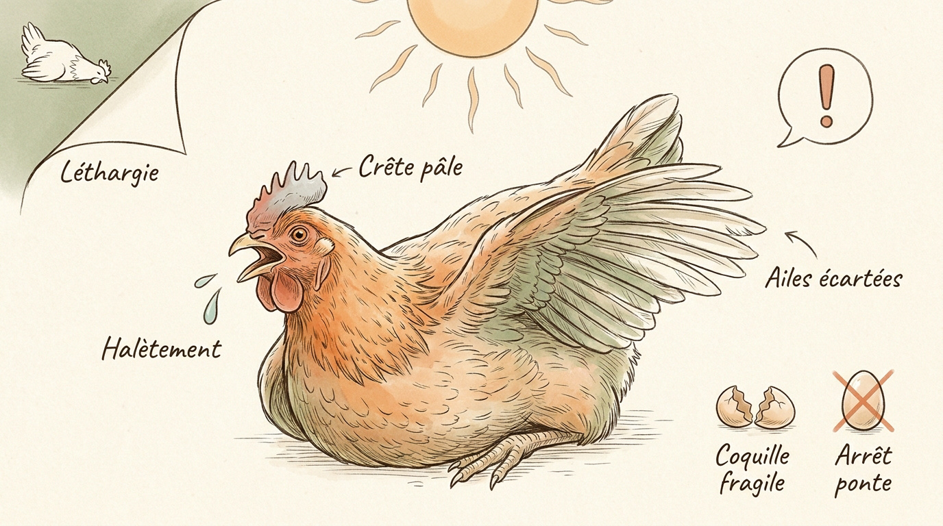 Poule souffrant de la chaleur avec les ailes écartées et le bec ouvert