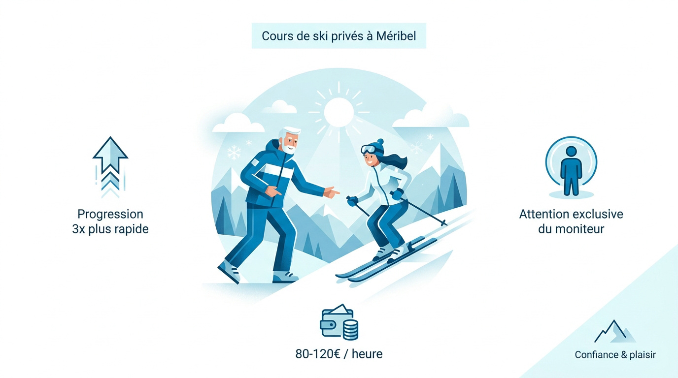 Moniteur de ski particulier guidant un élève sur les pistes de Méribel