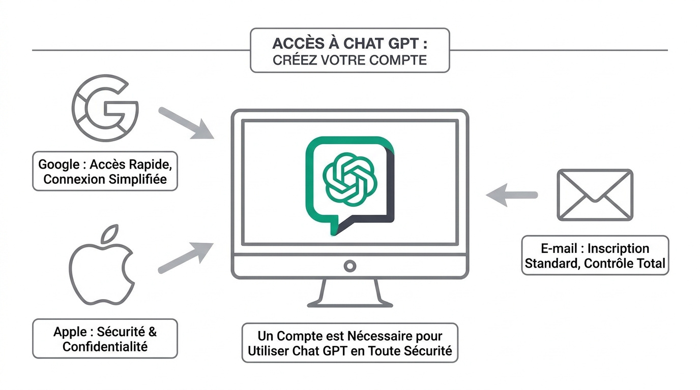 Interface de connexion à ChatGPT avec options Google, Apple et email