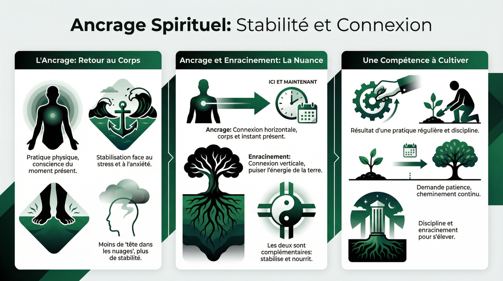 Femme pratiquant l'ancrage spirituel en pleine nature pour retrouver stabilité et connexion