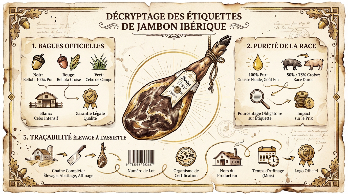 Déchiffrage des étiquettes de couleur officielles pour le jambon ibérique
