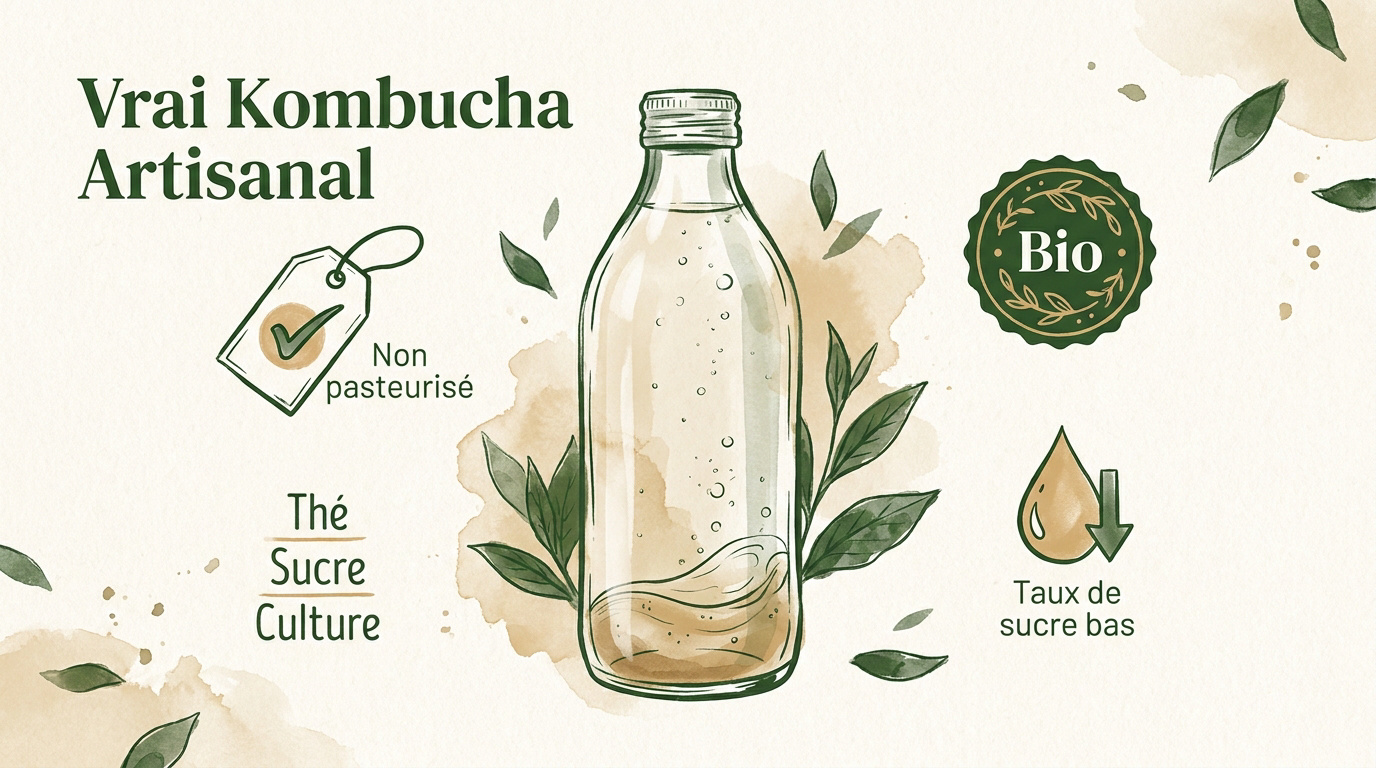 Bouteille de kombucha artisanal avec dépôt naturel et bulles de fermentation