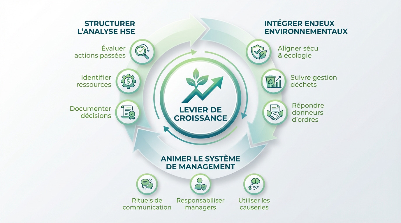 Réunion stratégique de direction analysant les indicateurs HSE pour maintenir la certification MASE
