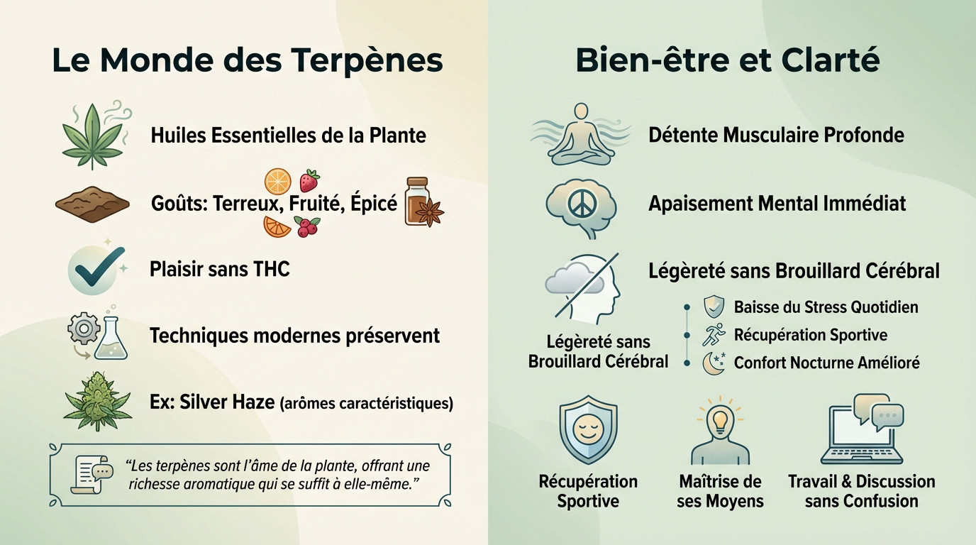 Terpènes et arômes naturels des fleurs sans THC favorisant bien-être et clarté mentale
