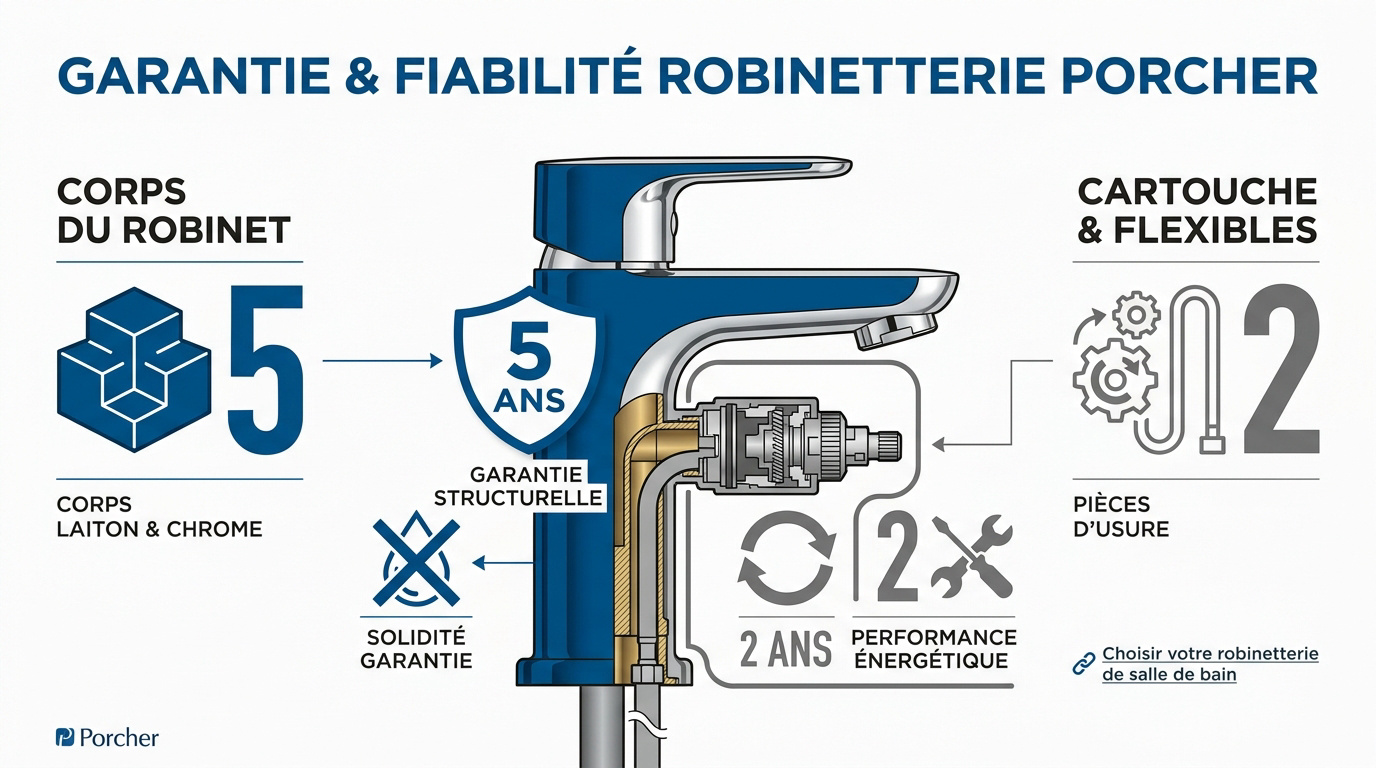 Robinetterie Porcher chromée et garantie constructeur