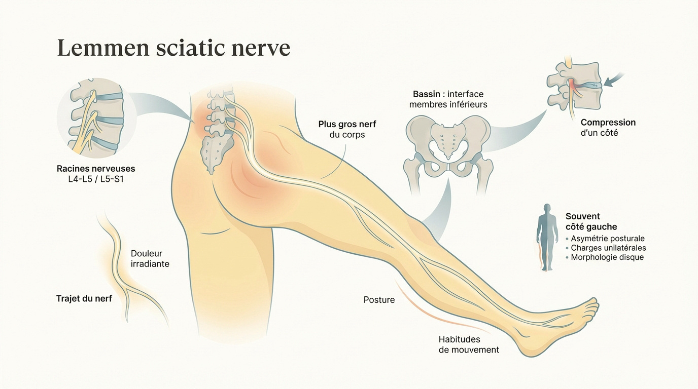Schéma anatomique du trajet du nerf sciatique partant des vertèbres lombaires vers la jambe gauche