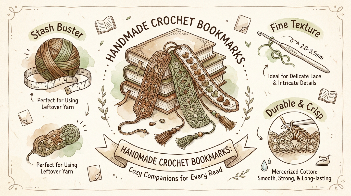 Handmade colorful crochet bookmarks with tassels resting on an open book