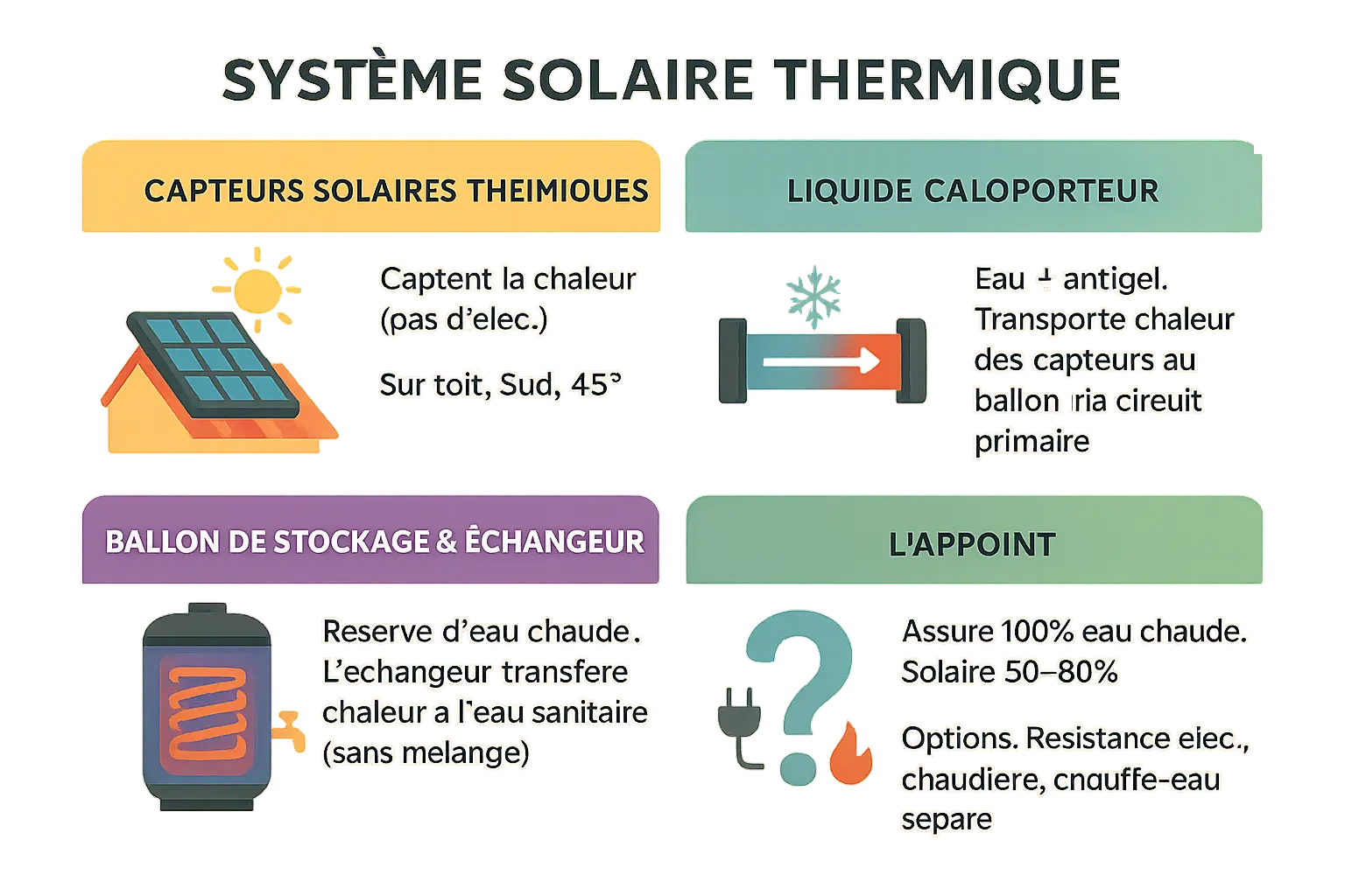 Schéma d'un chauffe-eau solaire avec ses 4 éléments clés