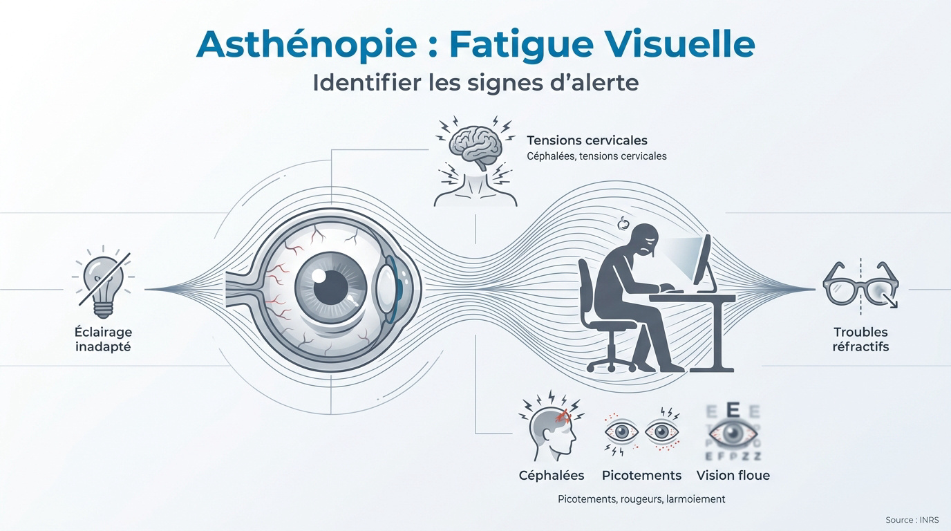 Schéma descriptif des symptômes de l'asthénopie et de la fatigue visuelle au travail